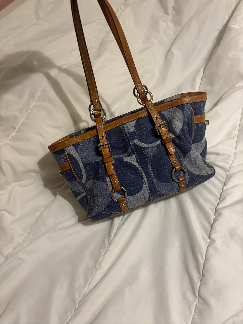 Coach Vintage Blue Canvas Tote with Tan Leather Trim - Picture 4 of 5